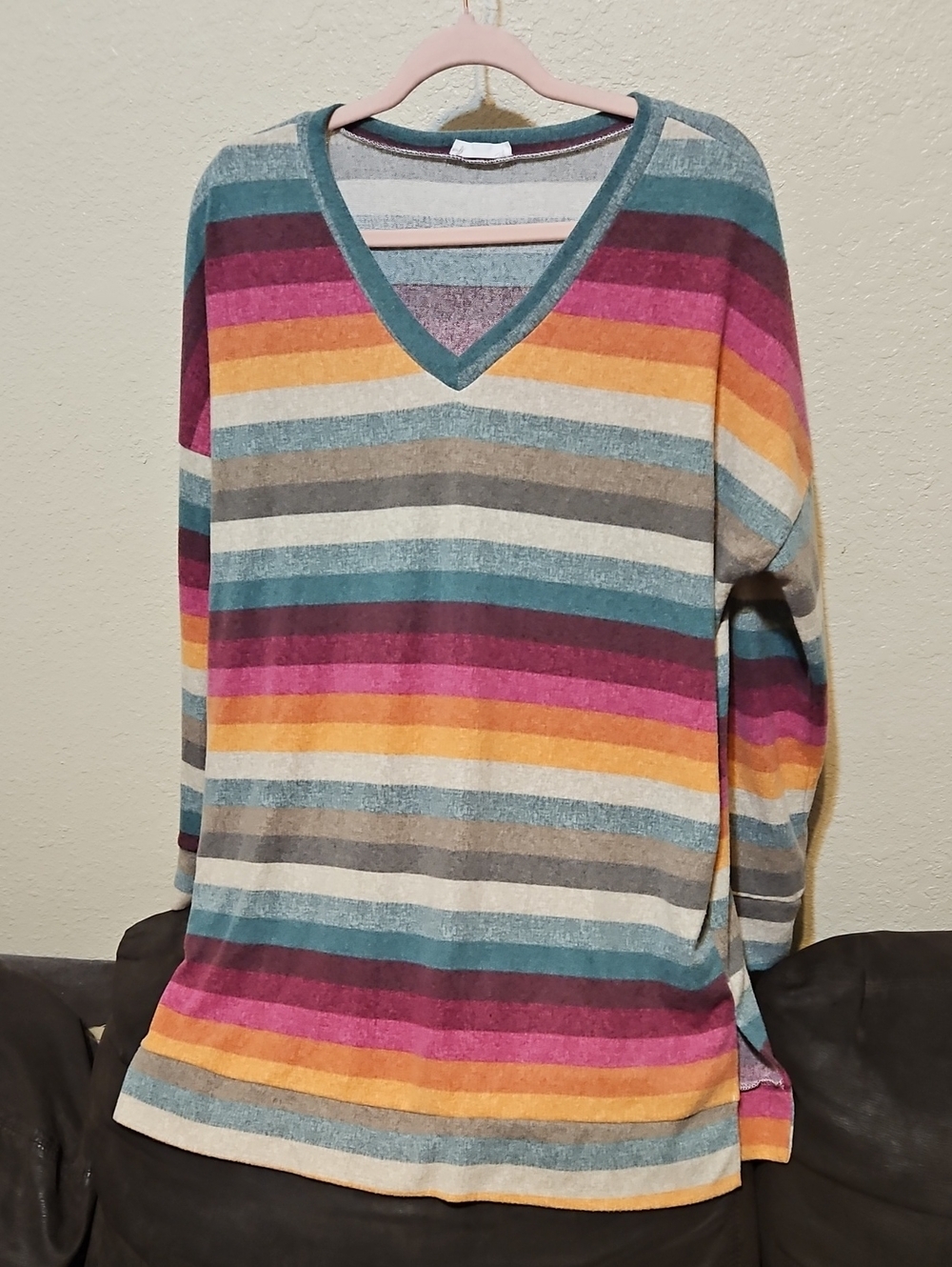Chic Soul Striped V-Neck Sweater Tunic in Teal, Pink & Mustard With Pockets